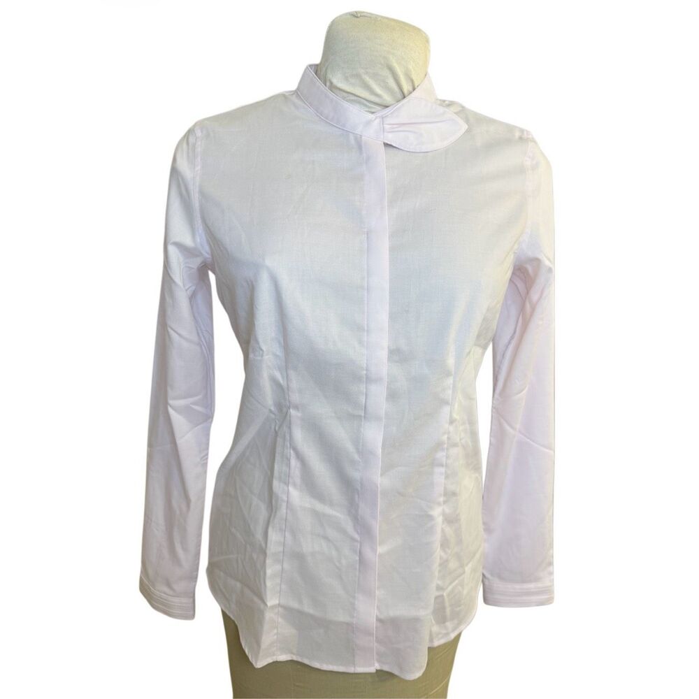 Delta Airlines Uniform Blouse Pink Hidden Button Snap Bow Neck Sz. 8